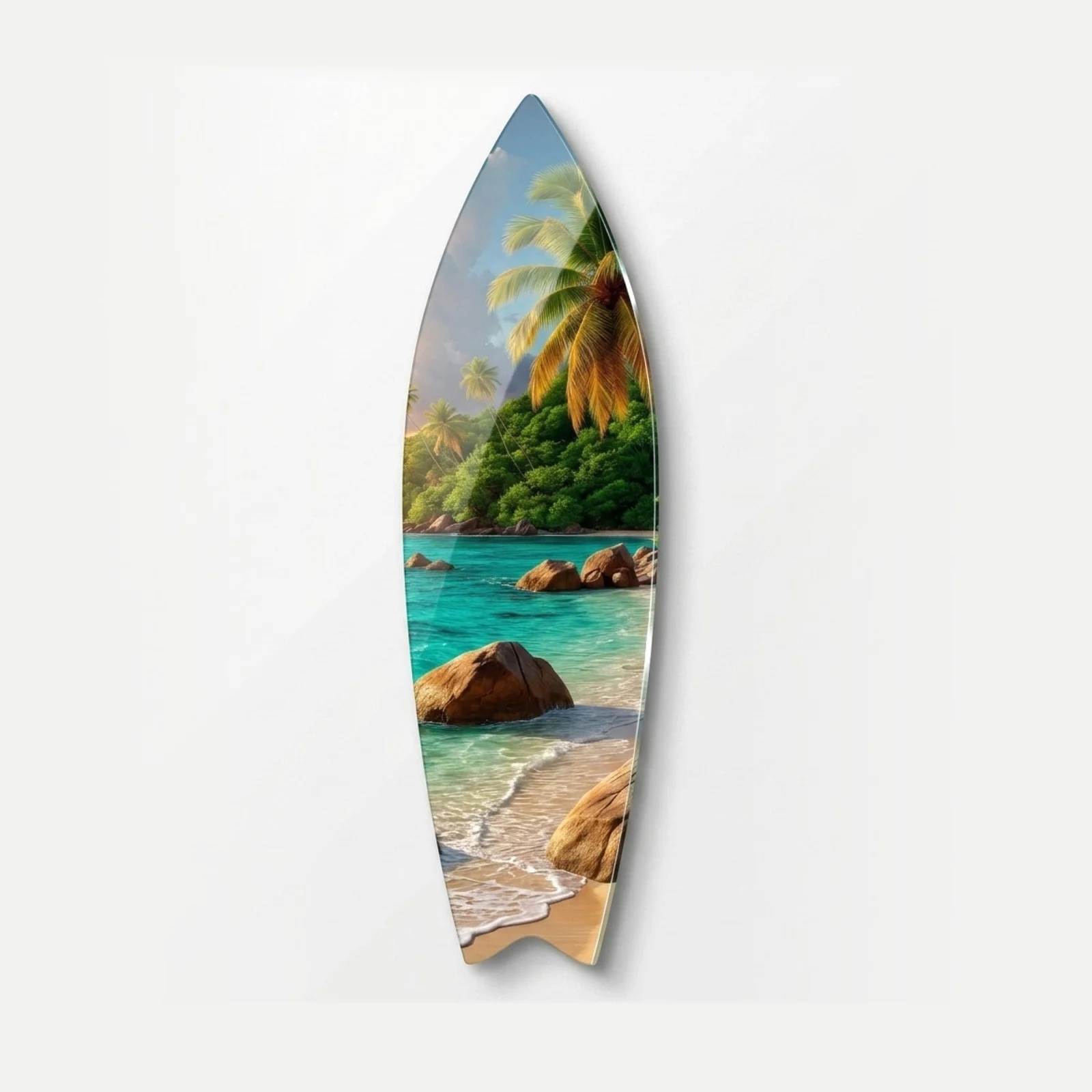Seychelles Beach Sunset Surfboard Glass Wall Art, front product view on a neutral background