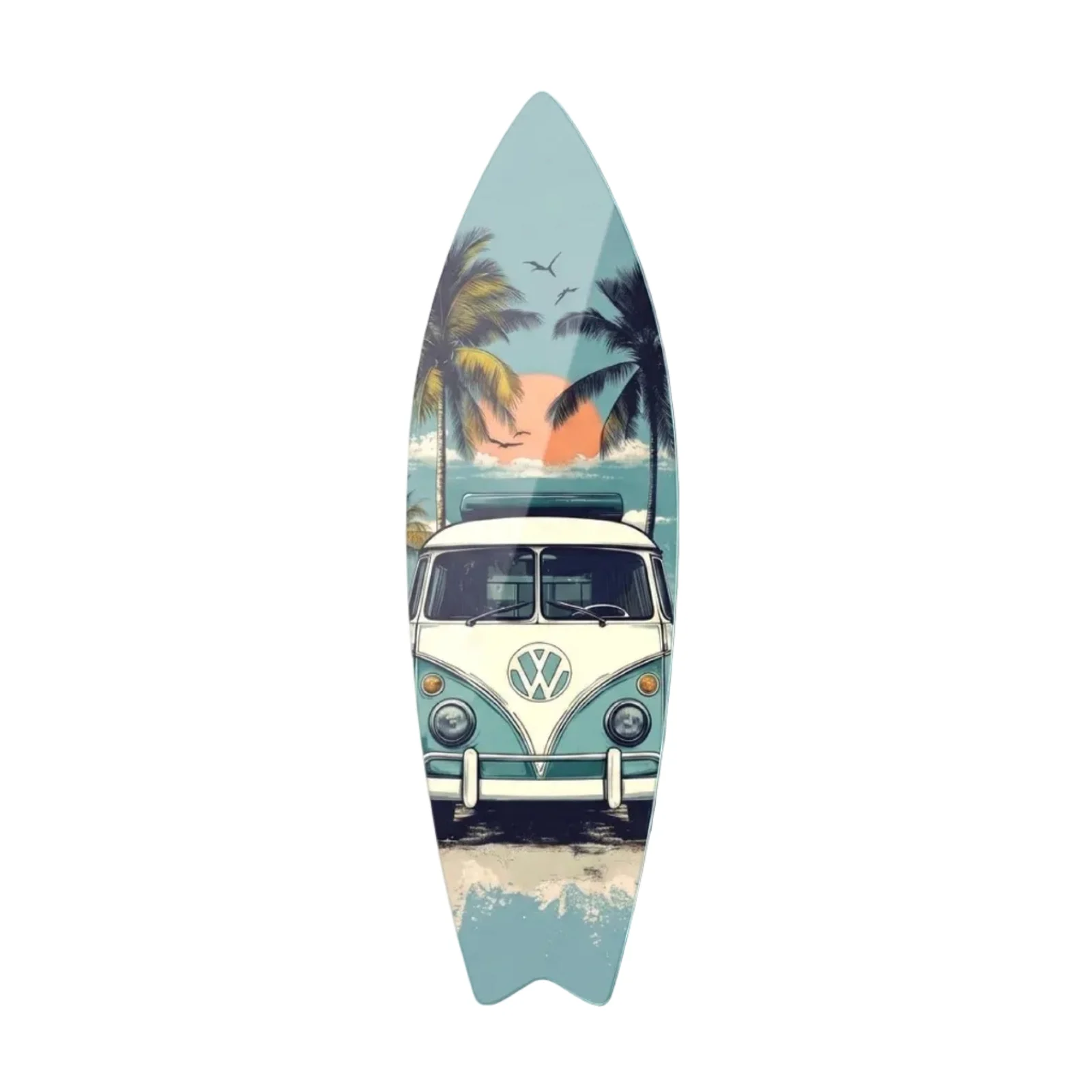 Retro Beach Camper Van Surfboard Glass Wall Art, front product view on a neutral background