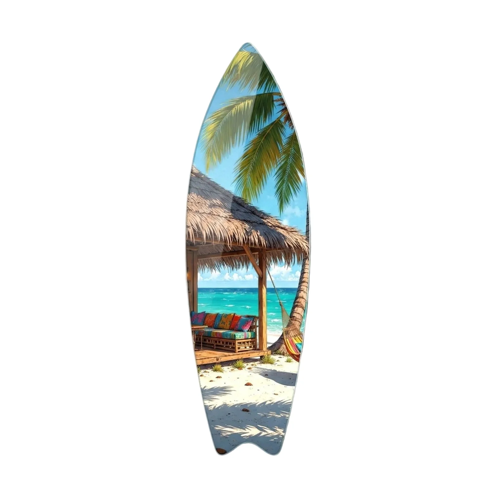Tropical Bungalow and Hammock Surfboard Glass Wall Art, front product view on a neutral background