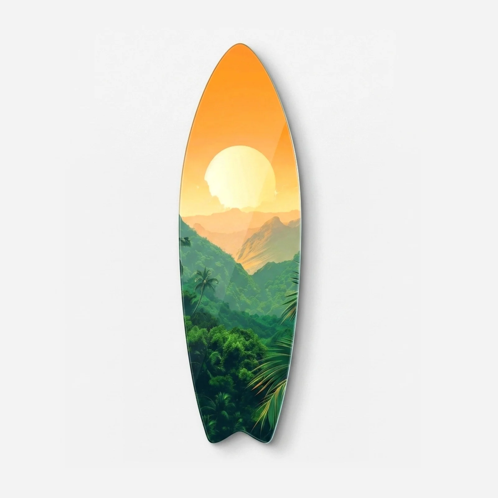 Misty Tropical Mountain Sunset Surfboard Glass Wall Art, front product view on a neutral background