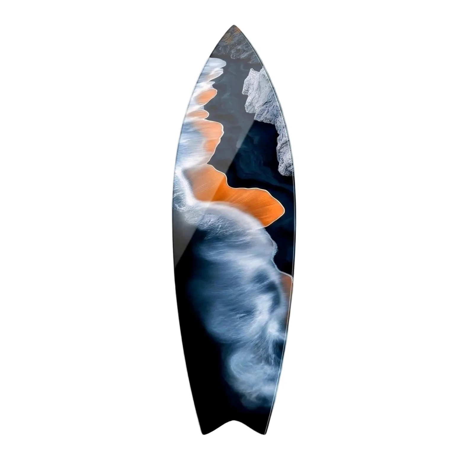 Abstract Orange Coast and Dark Waves Surfboard Glass Wall Art, front product view on a neutral background