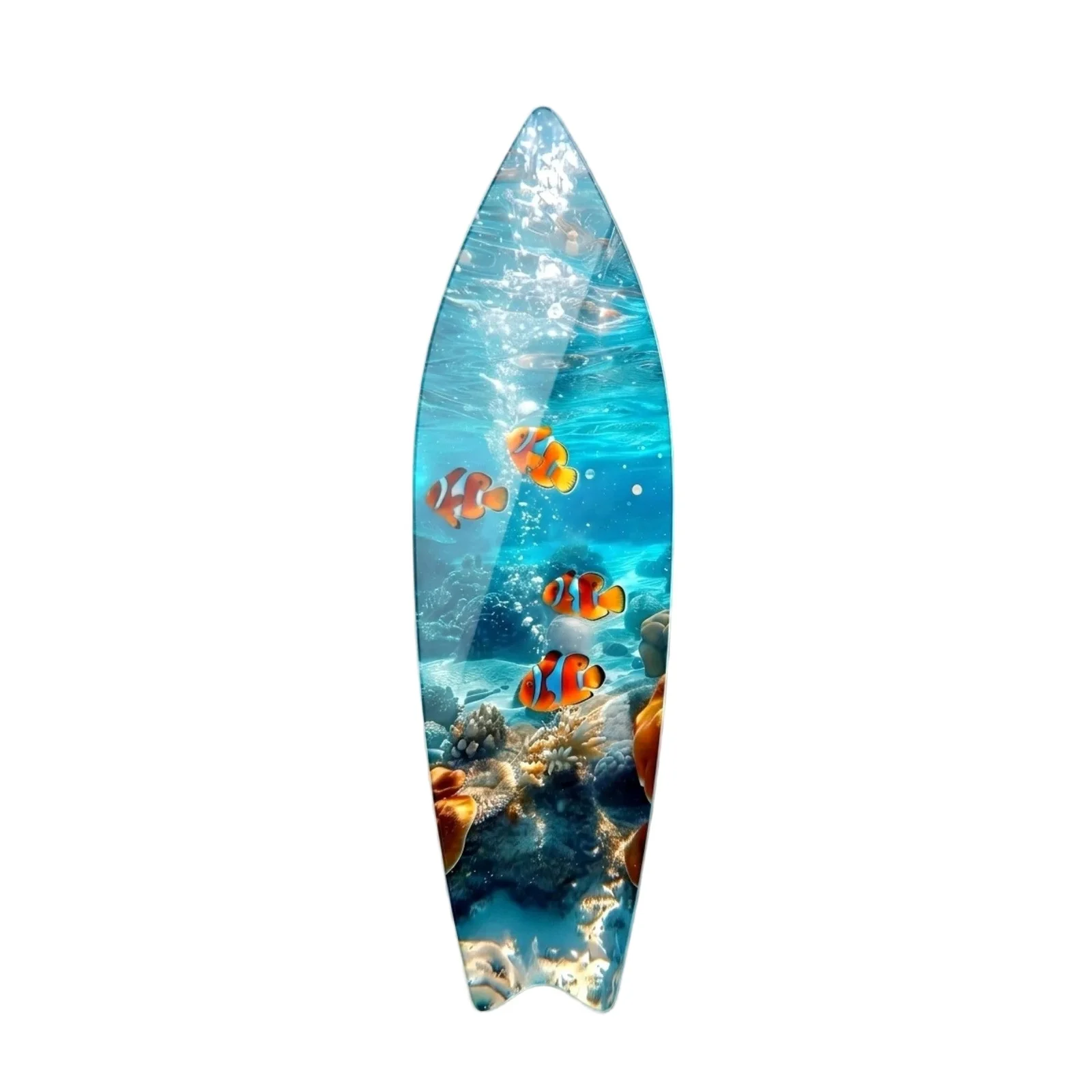 Clownfish Coral Reef Surfboard Glass Wall Art, front product view on a neutral background