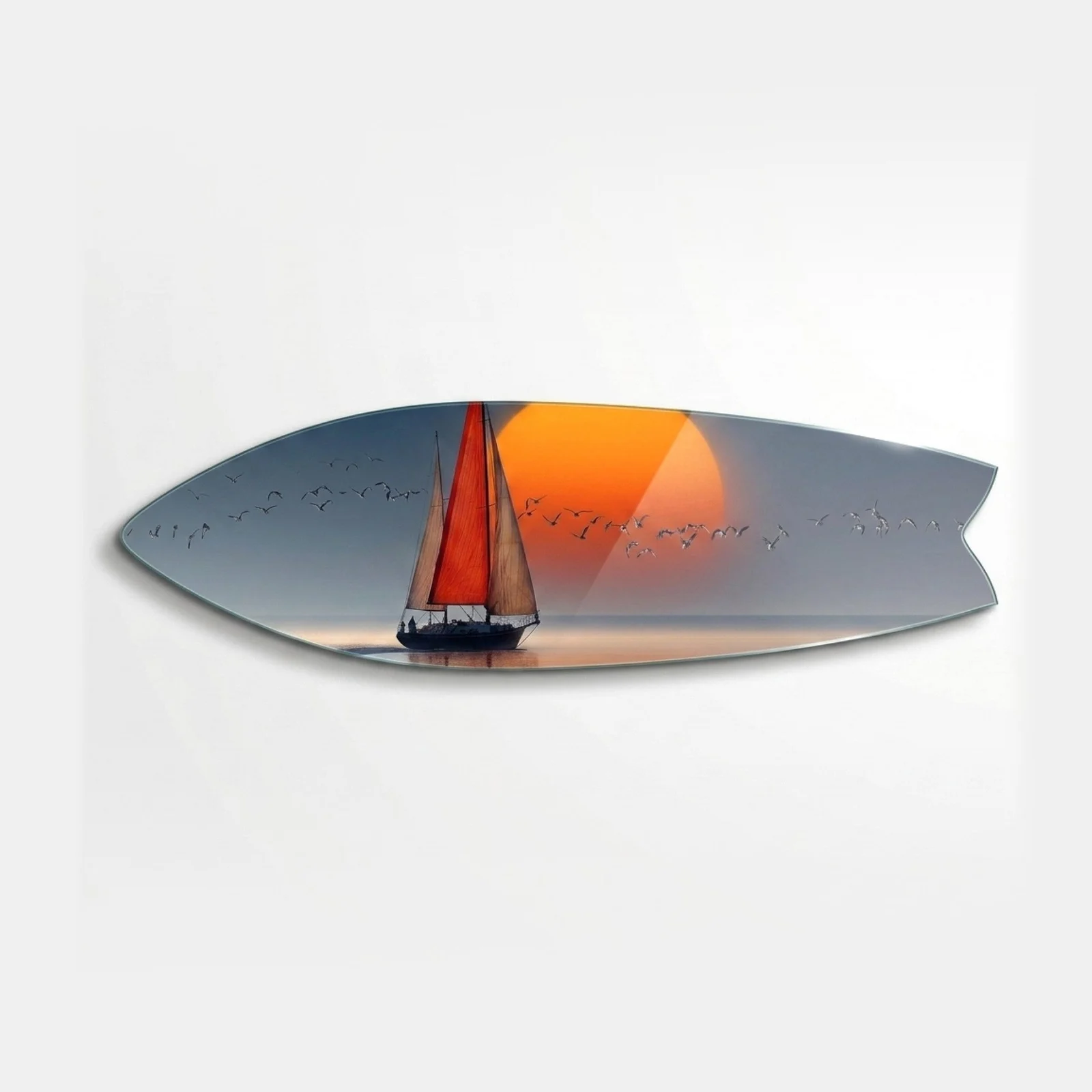 Red Sailboat at Sunset Horizontal Surfboard Glass Wall Art, front product view on a neutral background