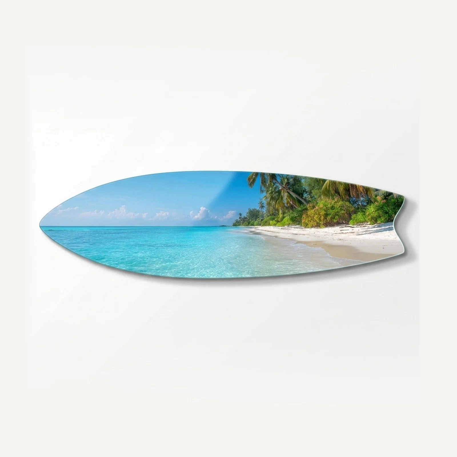 Tropical Turquoise Beach Horizontal Surfboard Glass Wall Art, front product view on a neutral background