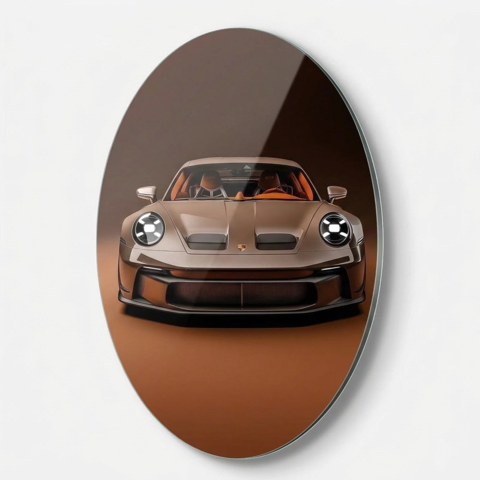 Luxury Sports Car Front Oval Glass Wall Art, front product view on a neutral background