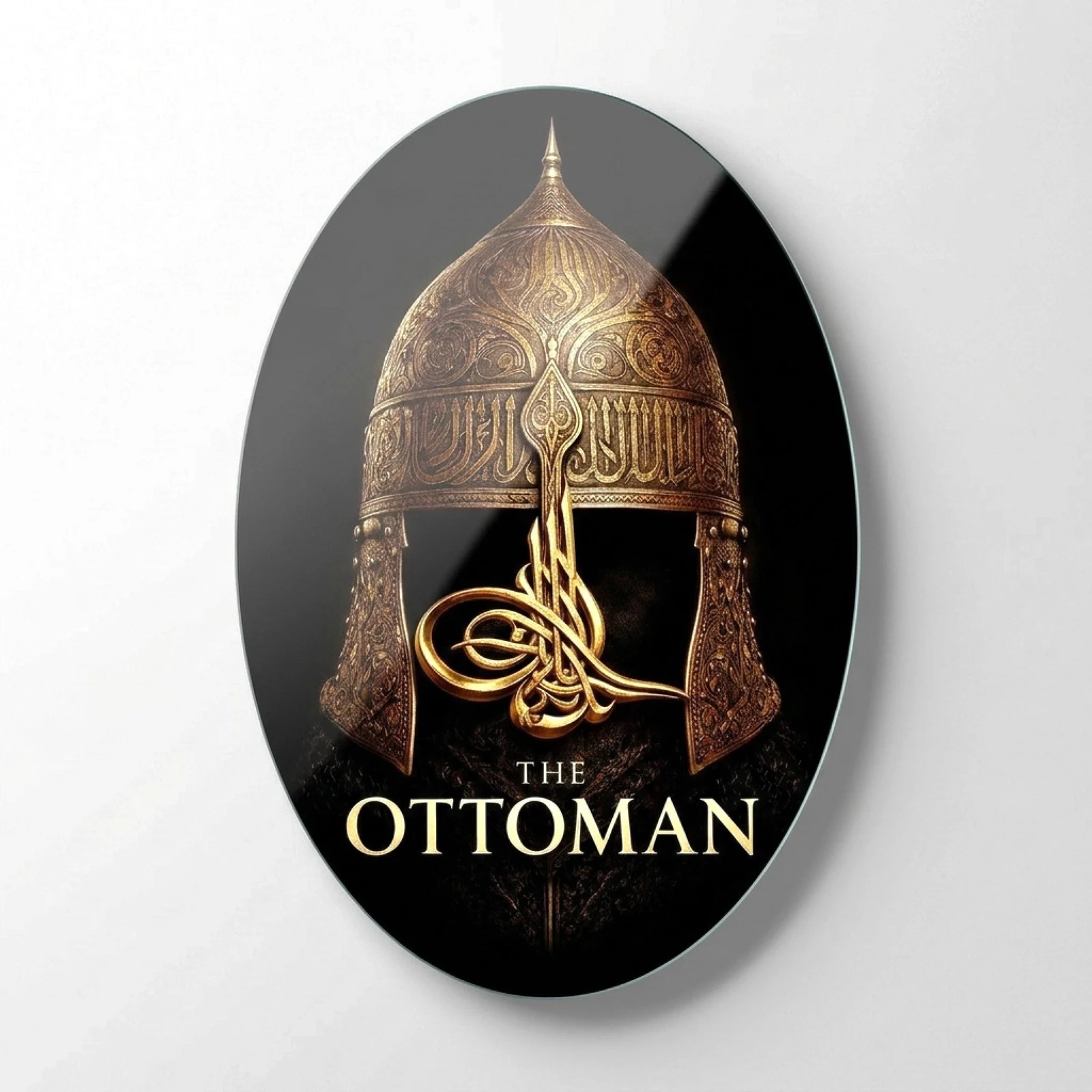Ottoman Helmet and Tughra Oval Glass Wall Art, front product view on a neutral background
