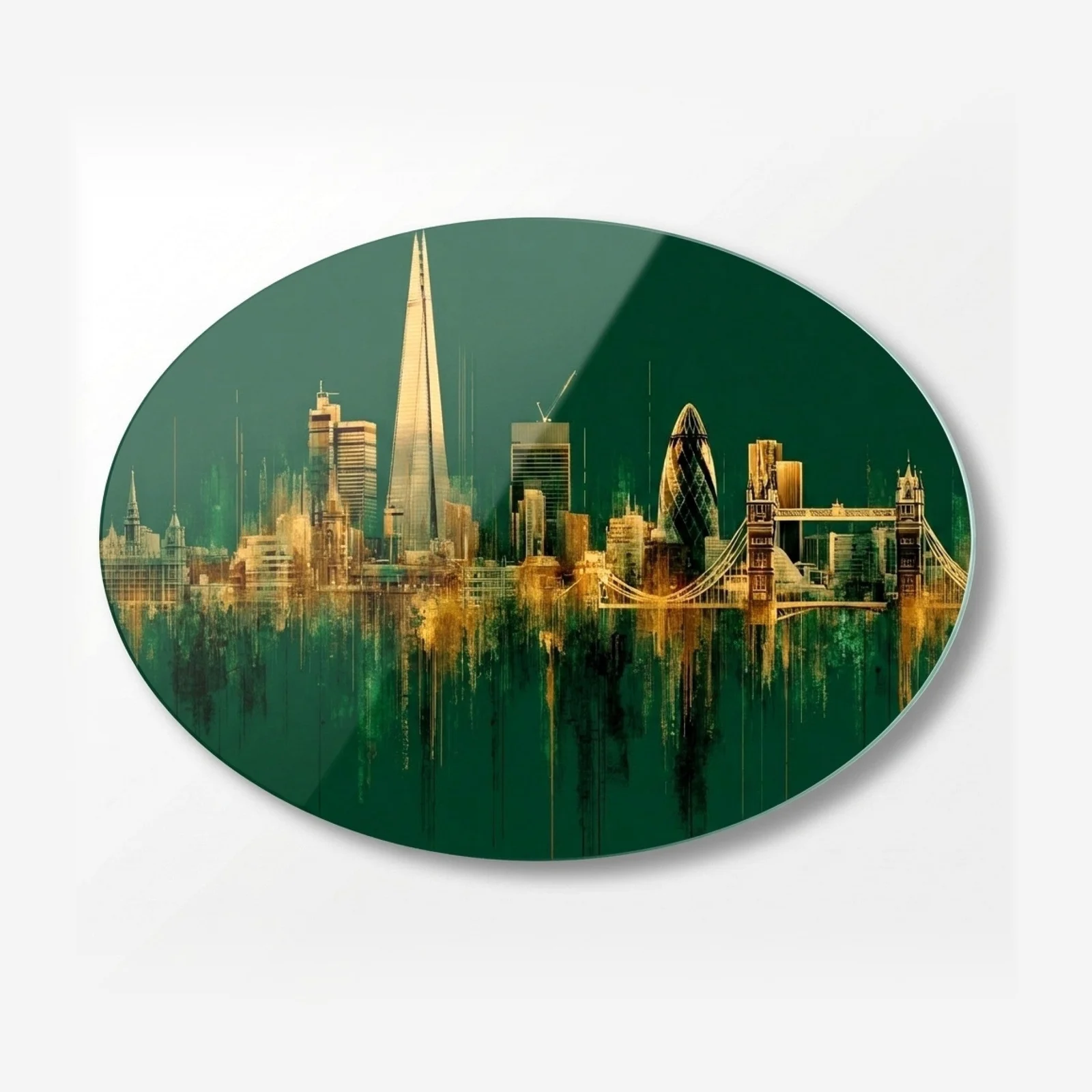 Art Deco London Skyline Horizontal Oval Glass Wall Art, front product view on a neutral background