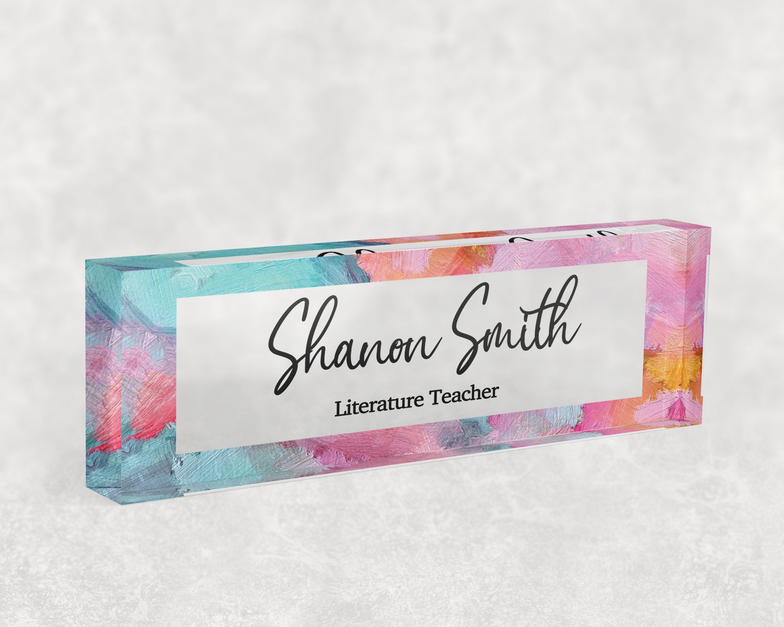 Pink and teal watercolour desk name plate in clear acrylic, personalized with a name and job title