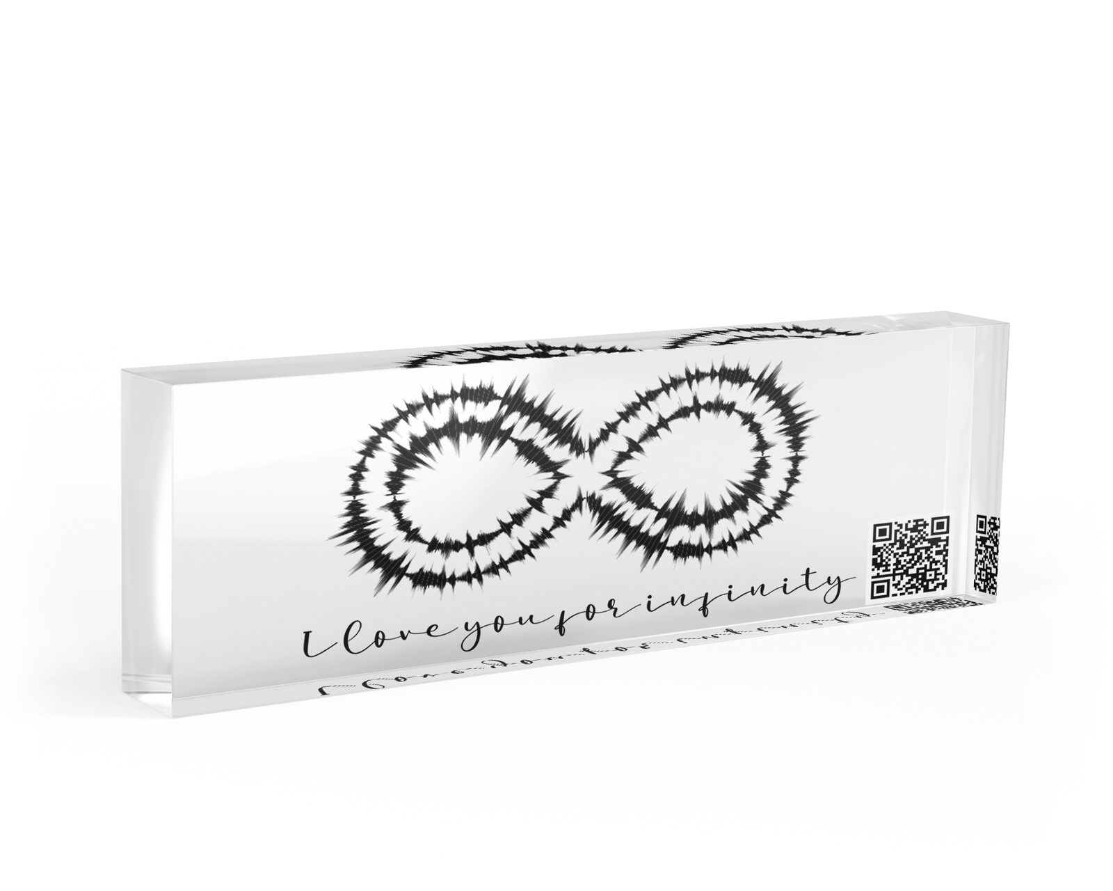 Brushed infinity symbol desk name plate in clear acrylic, personalized with a name and job title